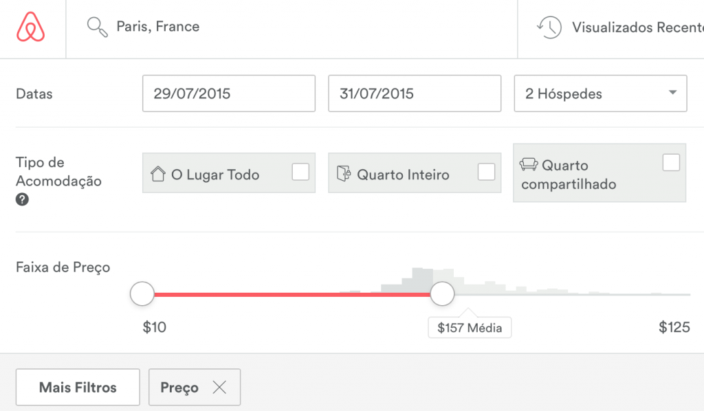 Filtros na busca de Airbnb