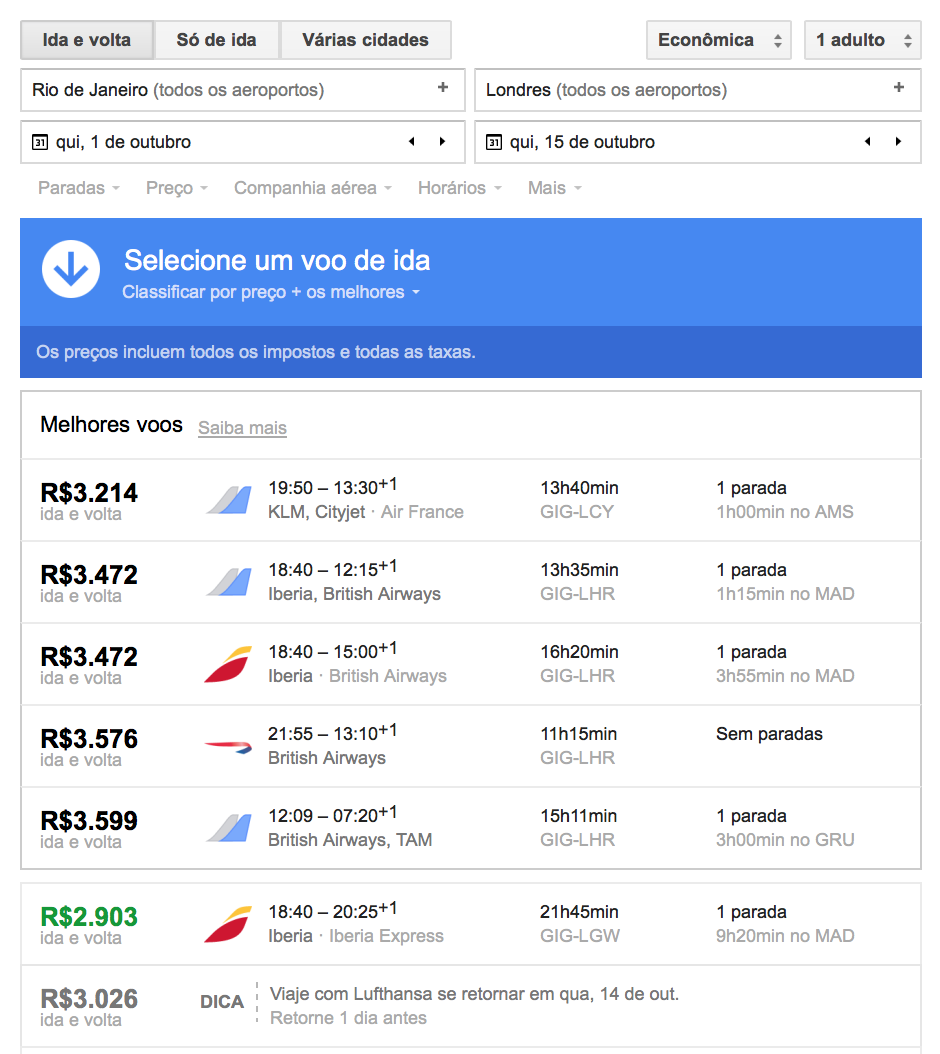 Busca por passagem pelo Google Flights