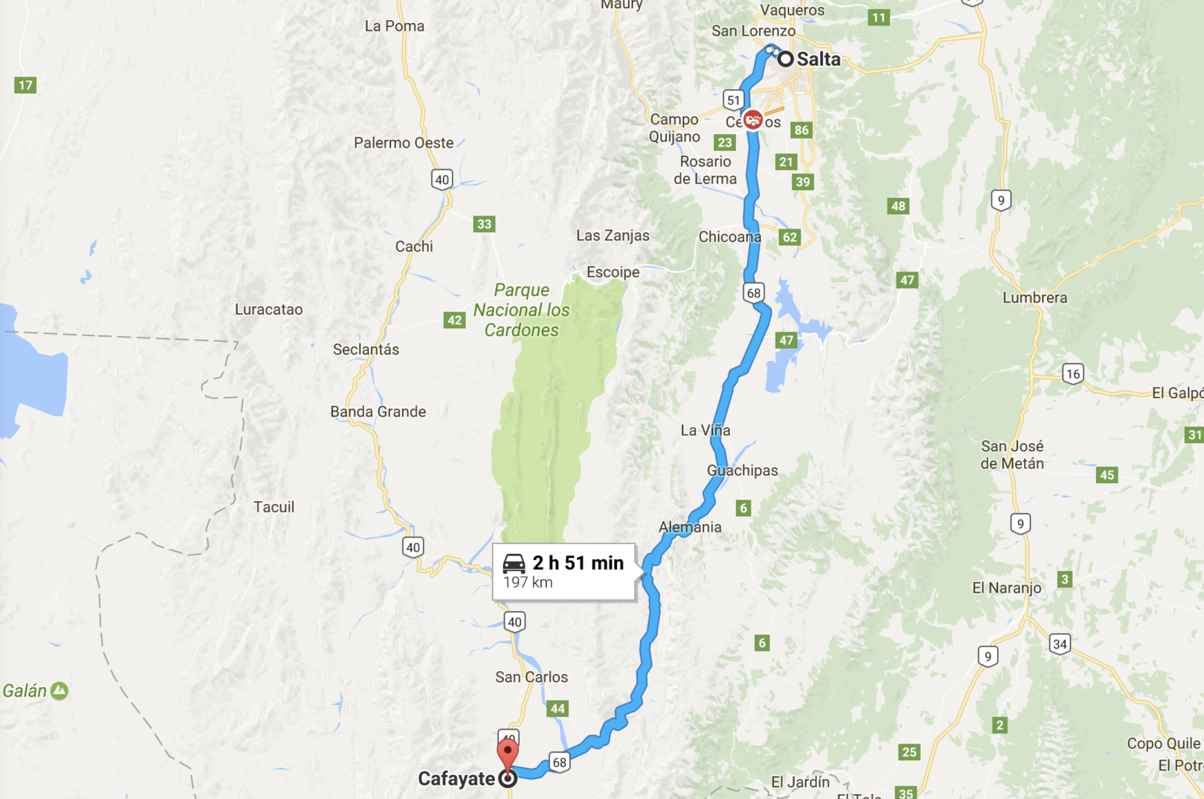 caminho no mapa: de salta a Cayate, no norte da argentina