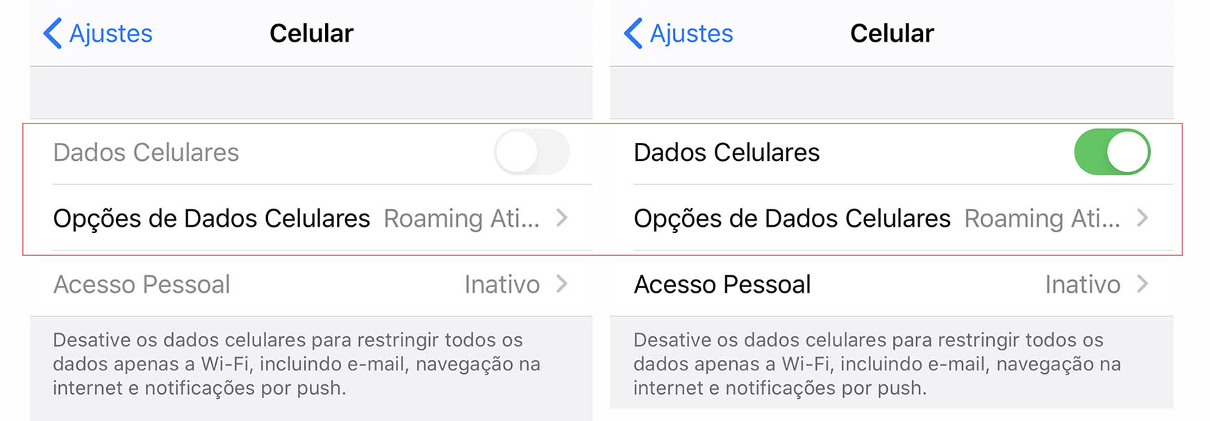 ativação de roaming para internet no exterior