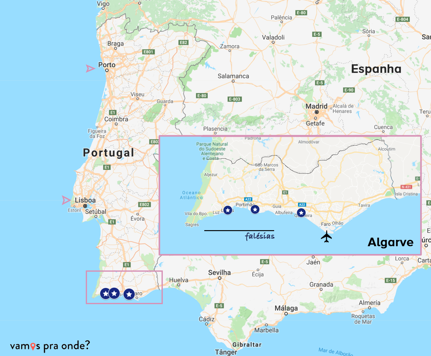 mapa mostrando a localização do algarve e das falésias