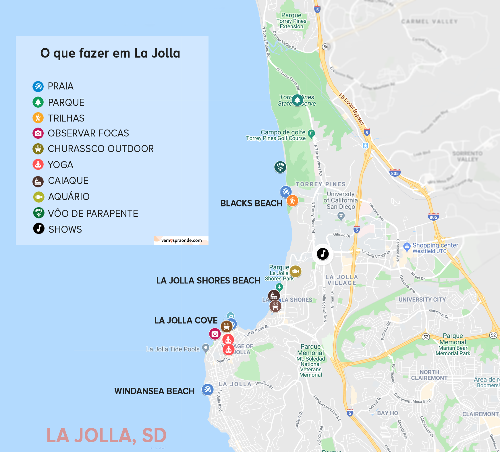 mapa mostrando onde estão as principais atrações de la jolla