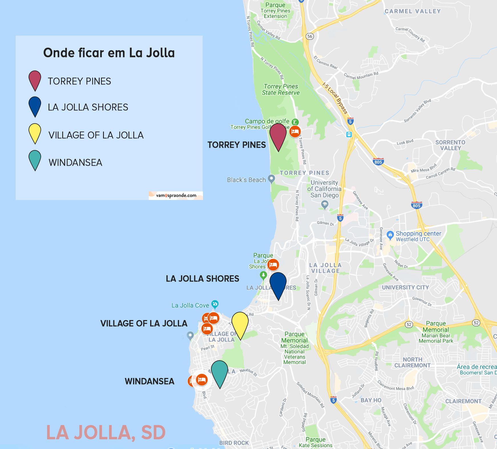 mapa mostrando onde ficar em la jolla