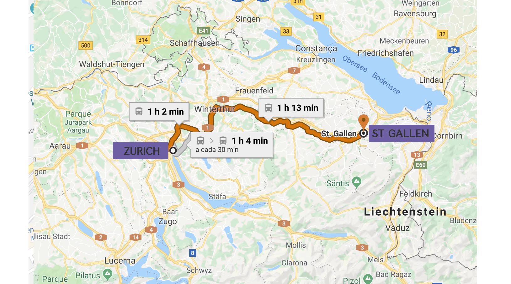 mapa de Zurich a st gallen