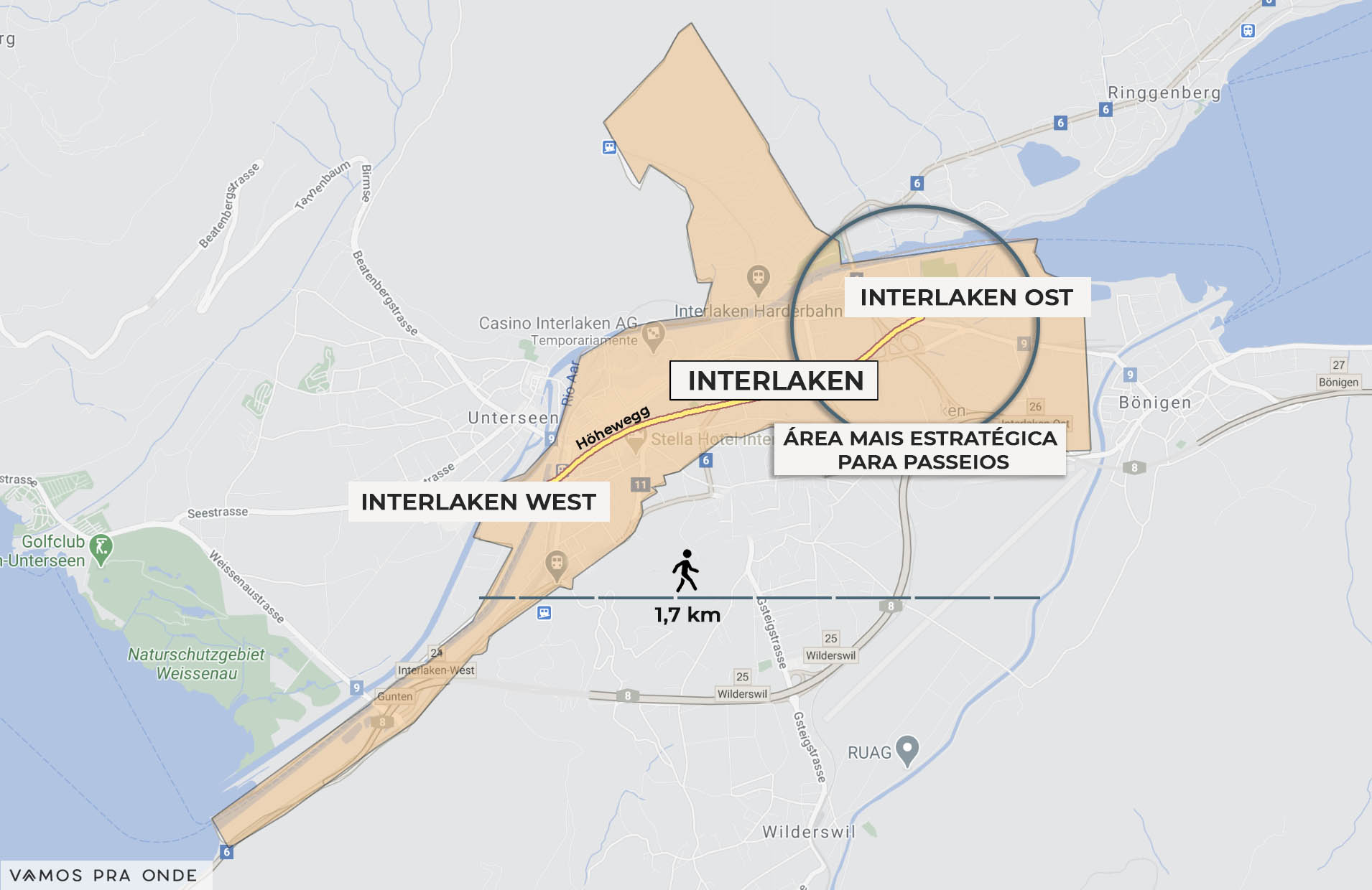 mapa indicando a melhor região para se hospedar em Interlaken