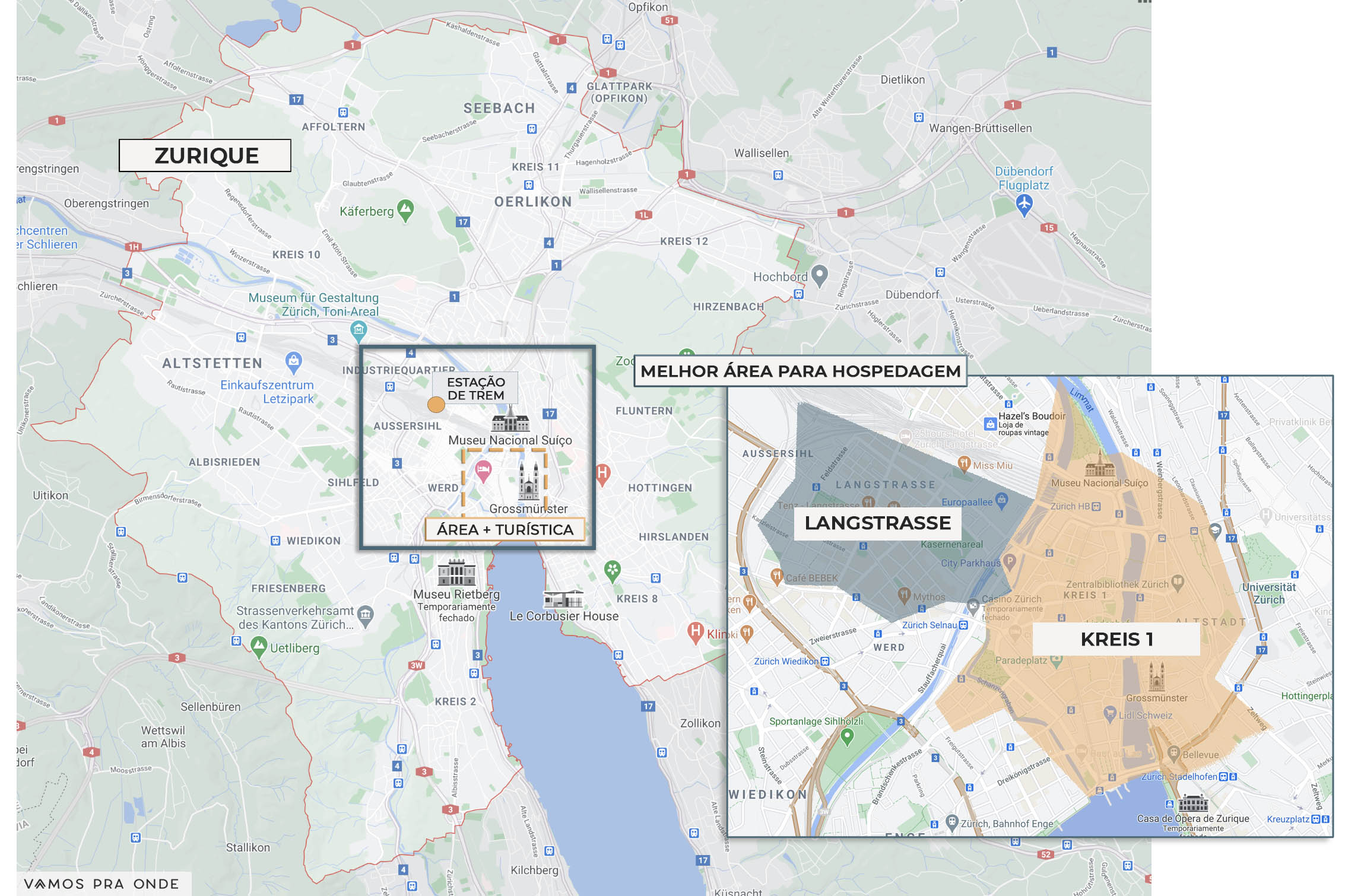 mapa indicando a melhor região para se hospedar em Zurique