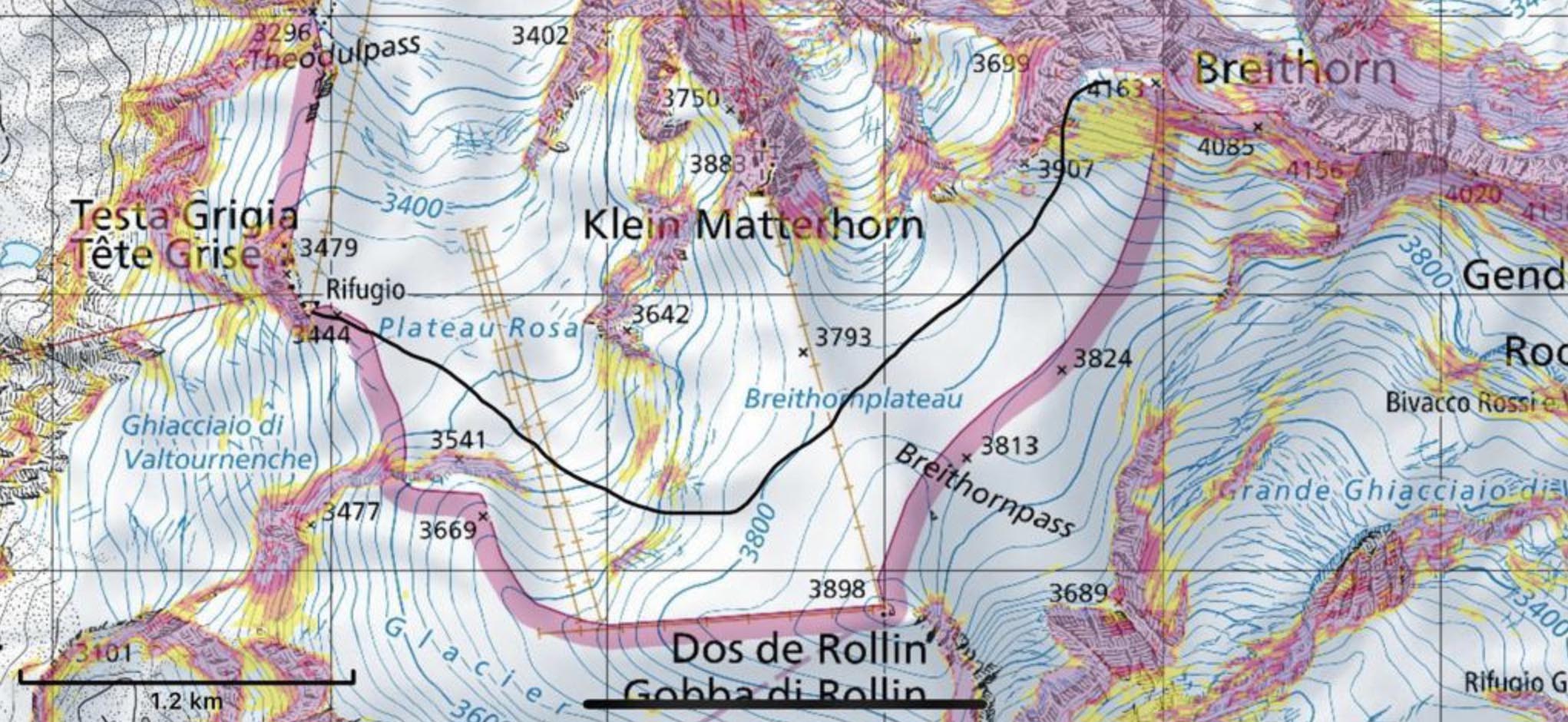 mapa do refúgio até breithorn